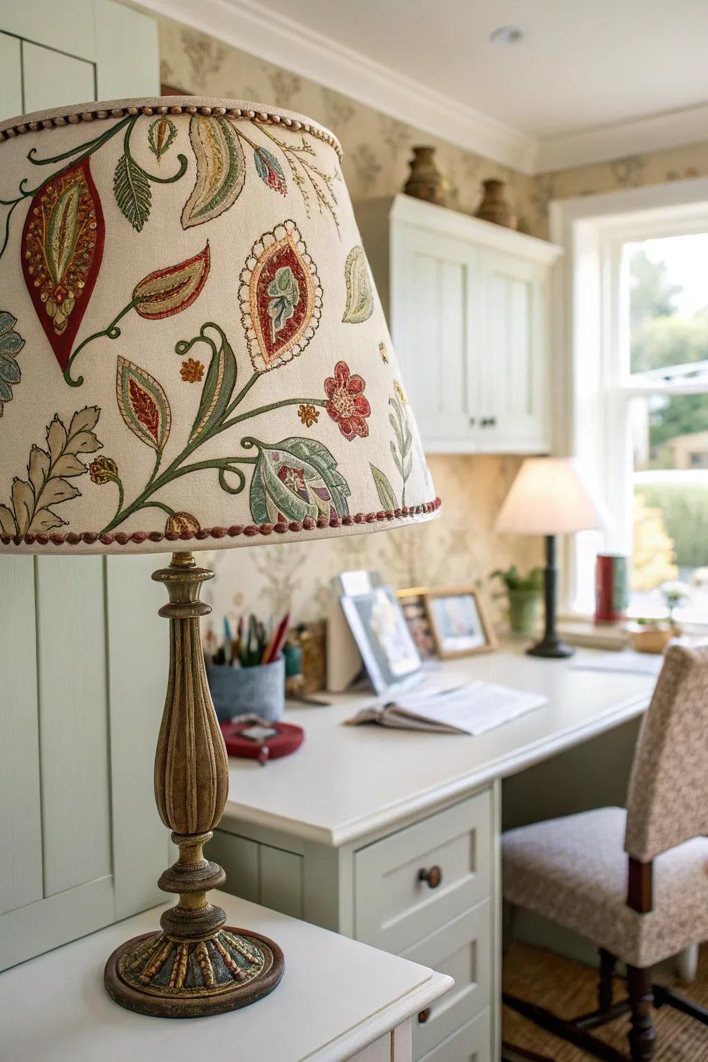 A home office lamp shade covered with custom fabric matching room textiles.