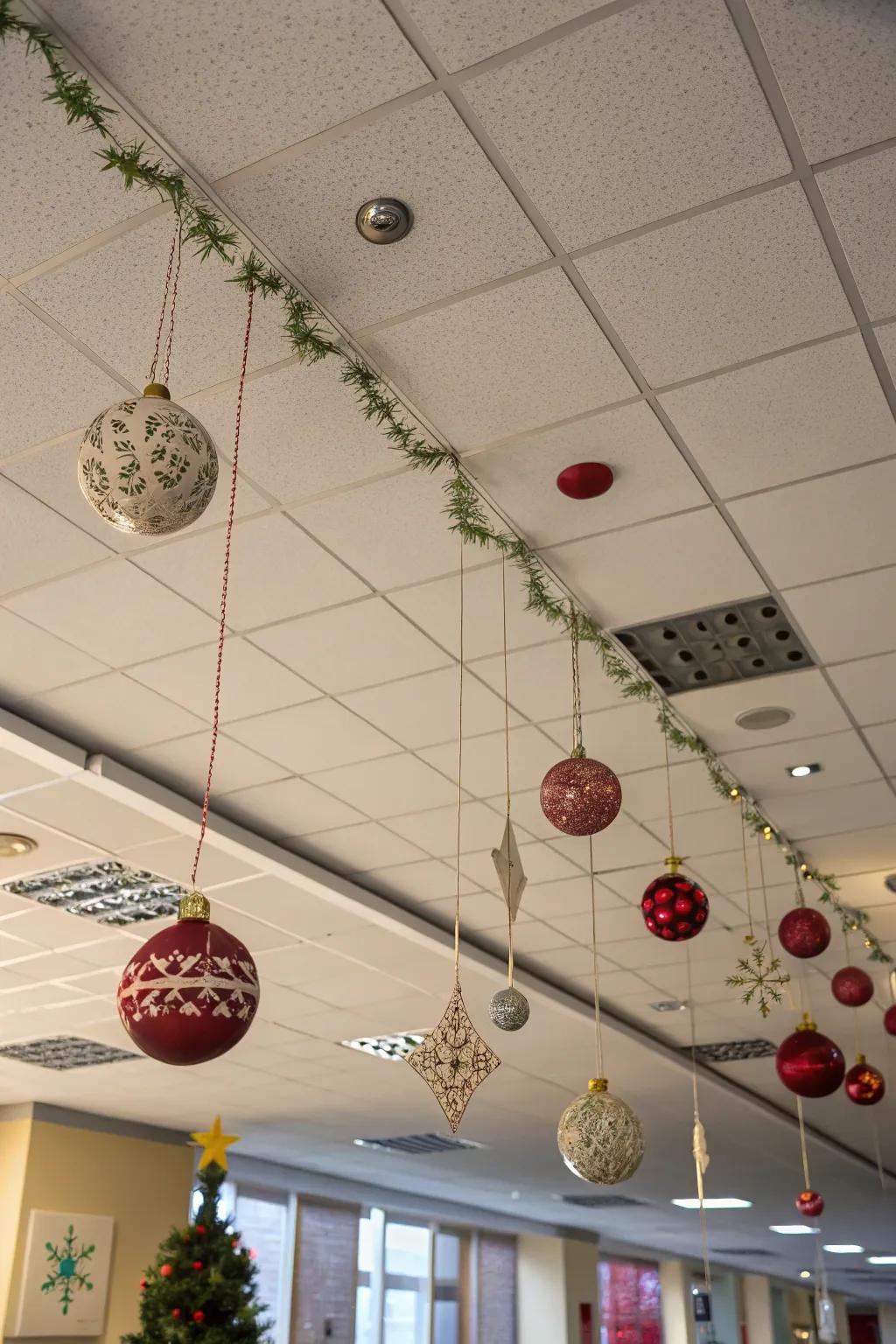 Ceiling ornaments provide a festive touch to small office spaces.