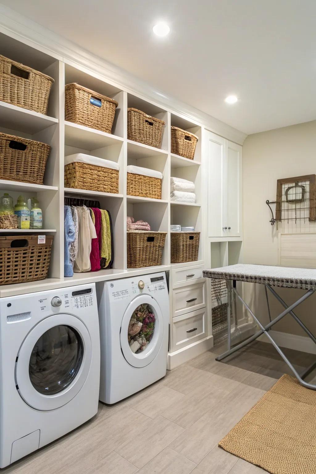 Open cubbies provide quick and easy access to laundry hampers.