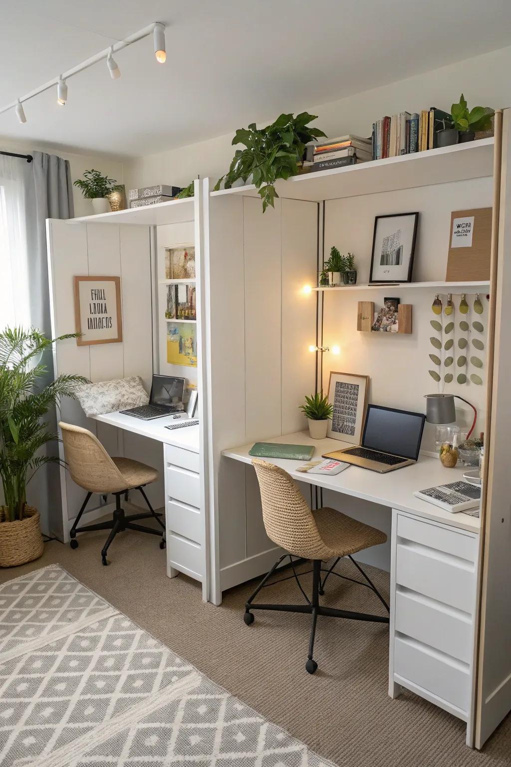 A desk serves as a divider and workspace in a shared bedroom.