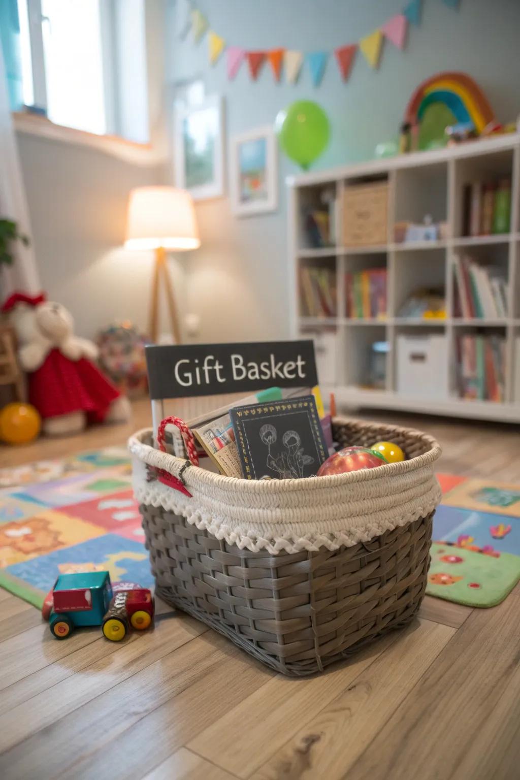 A personalized gift basket with chalkboard labels.