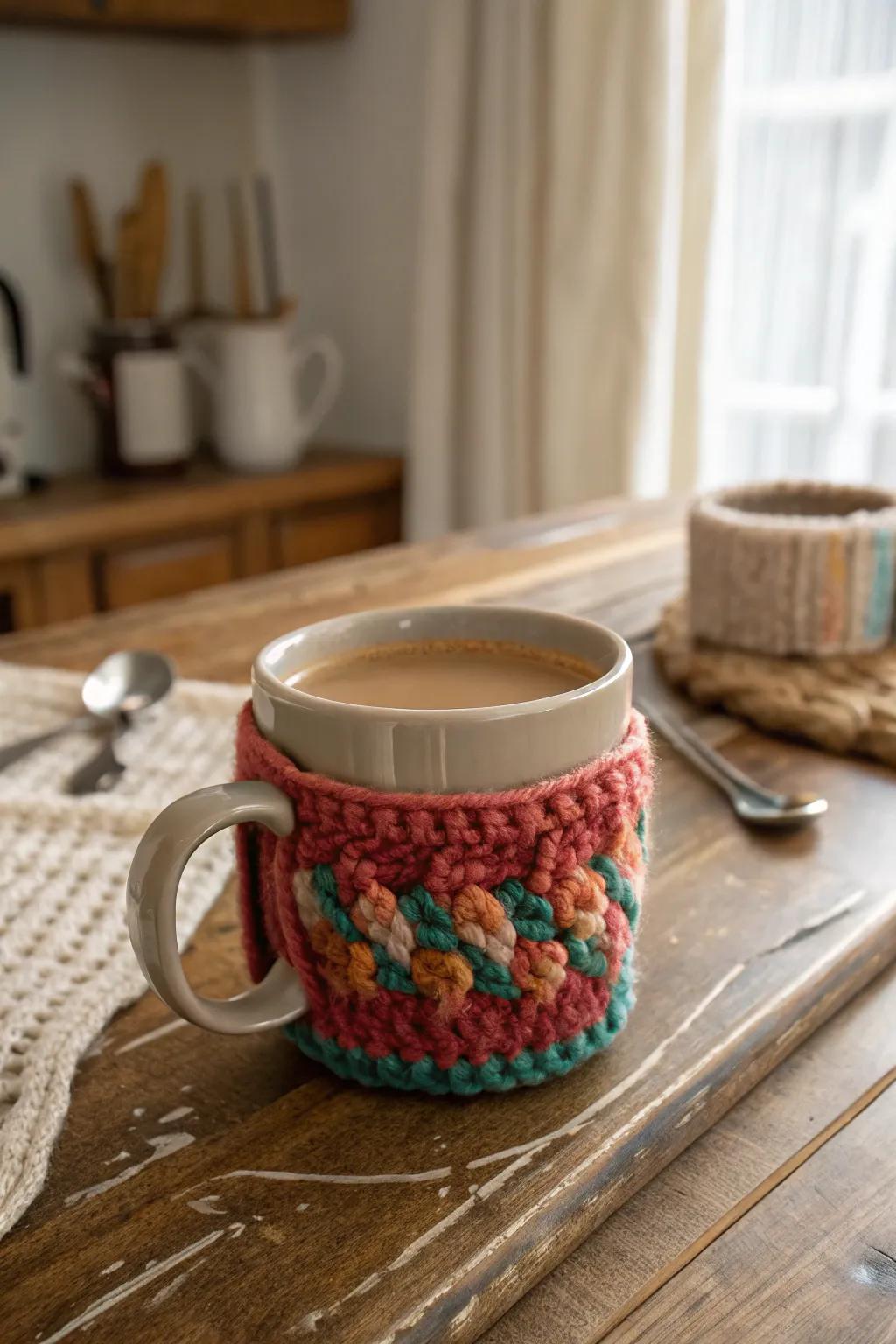 Sip your coffee in style with a crochet mug cozy.