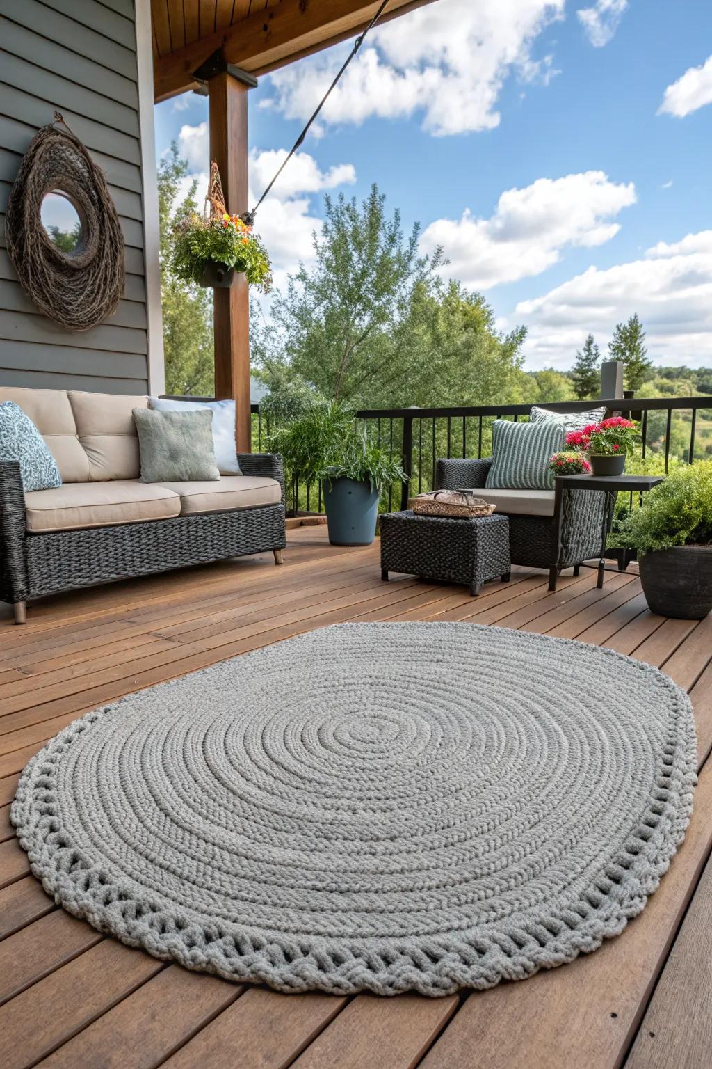 An outdoor patio featuring a durable paracord crochet rug.