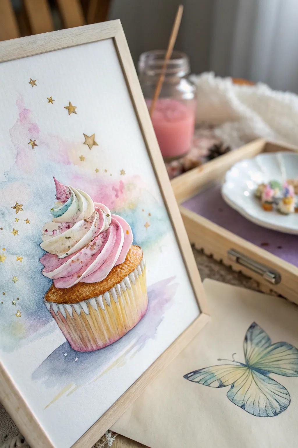 Watercolor techniques add a soft and whimsical touch to your cupcake painting.