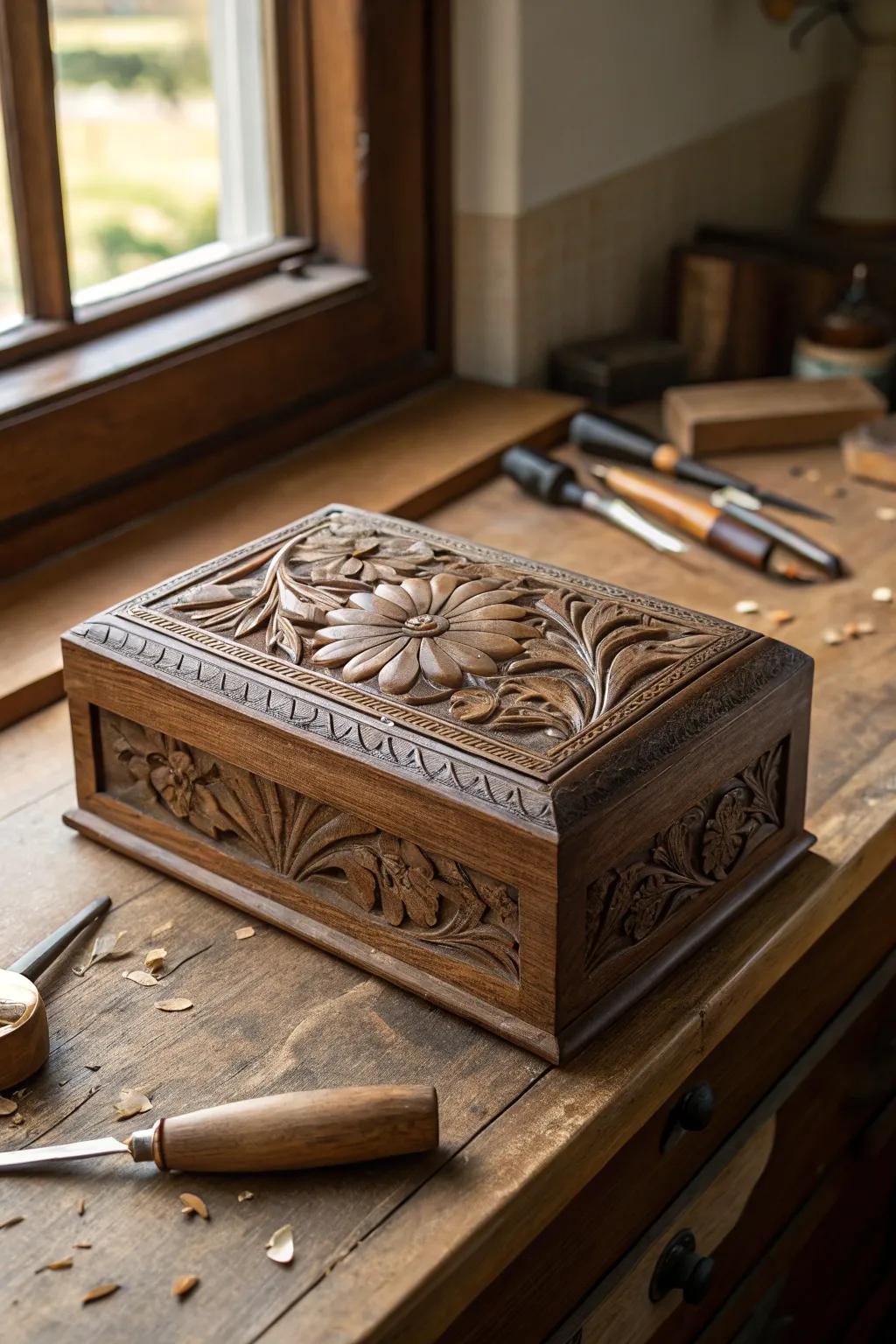 Discover the art of custom woodworking with this exquisite, hand-carved jewelry box.