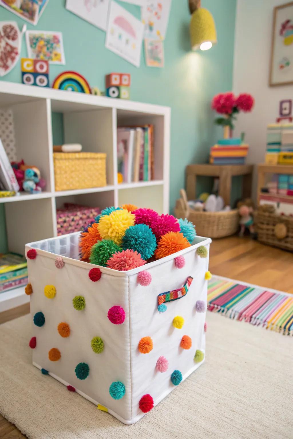 A lively box decorated with colorful pom-poms.