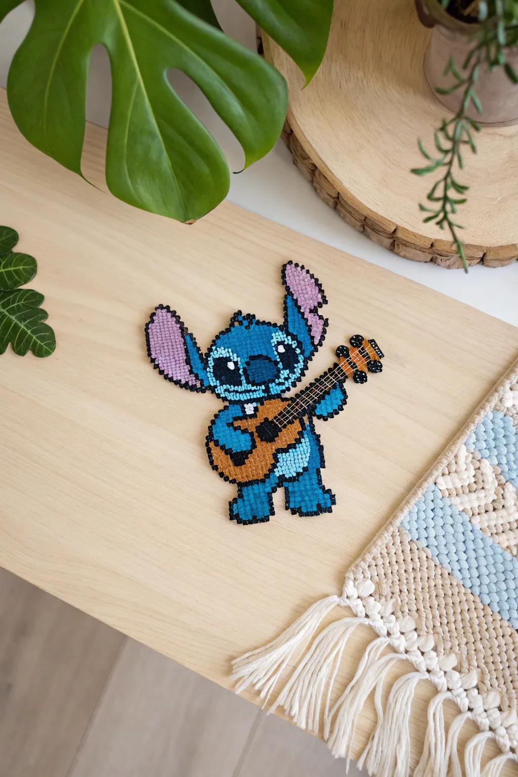 Bring a touch of Hawaiian charm to your space with this adorable Perler bead Stitch strumming a ukulele. Perfect for music lovers with a flair for minimalist decor!