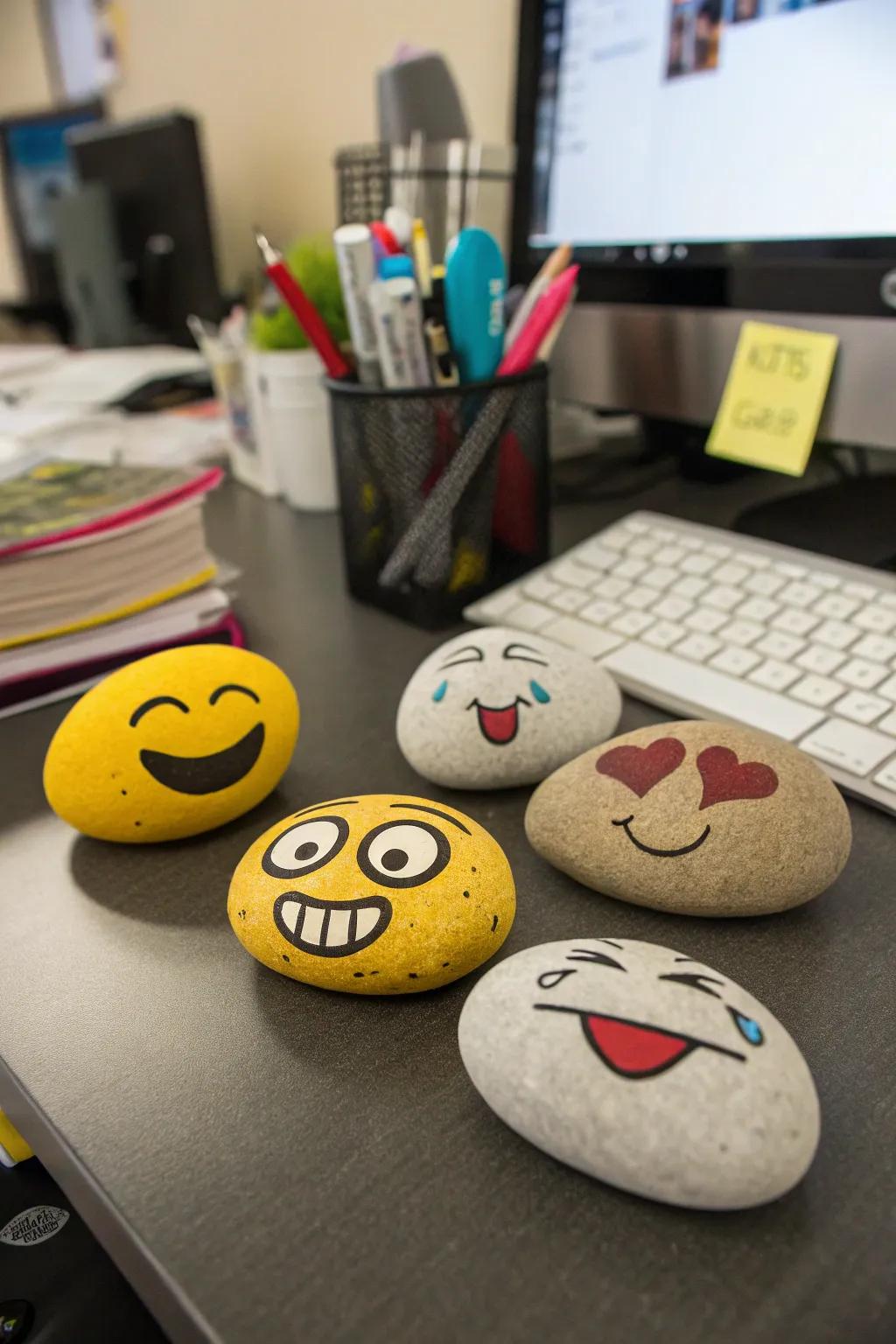 Bring humor to your workspace with quirky emoji rocks.