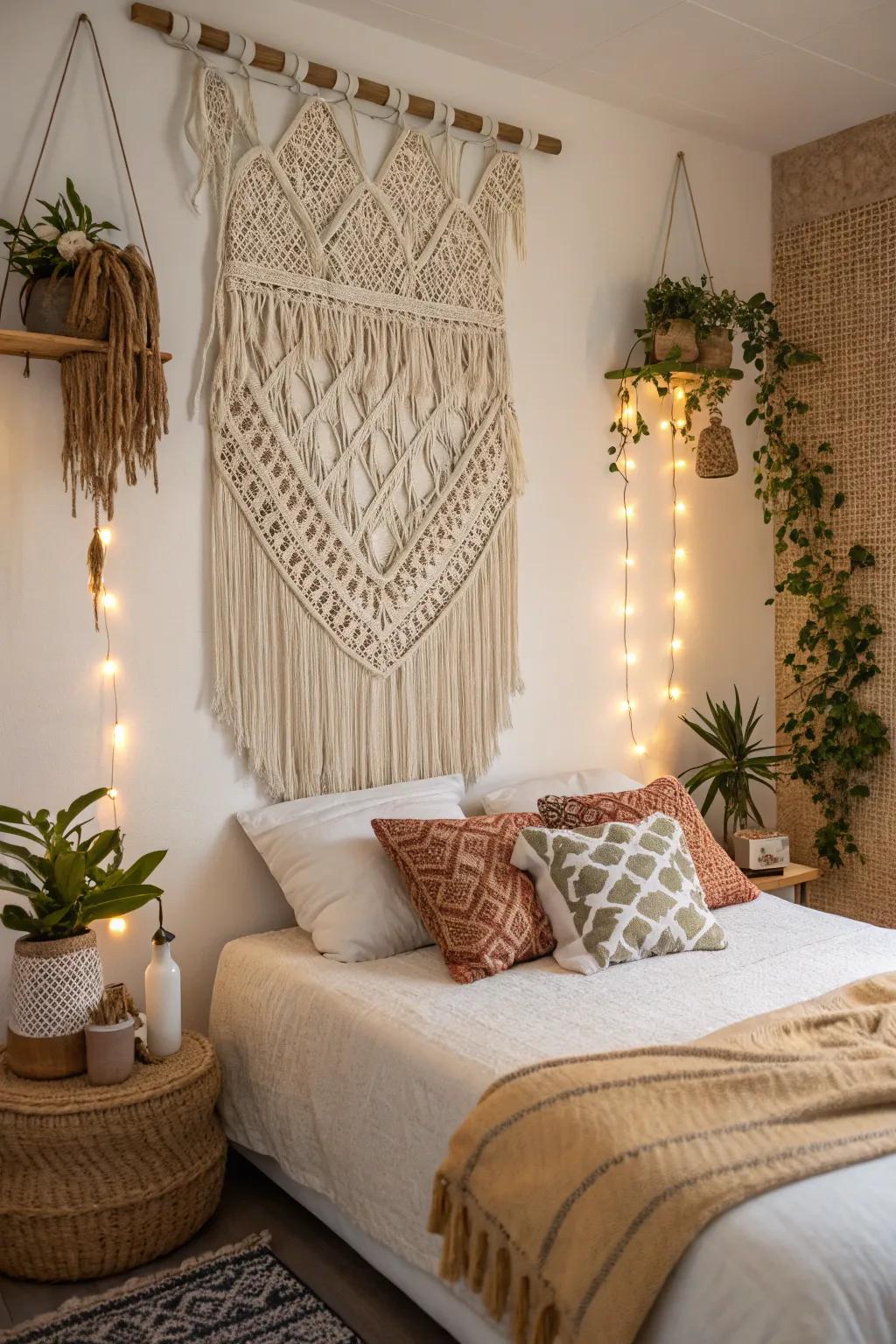 A macramé hanging adds bohemian charm and texture.