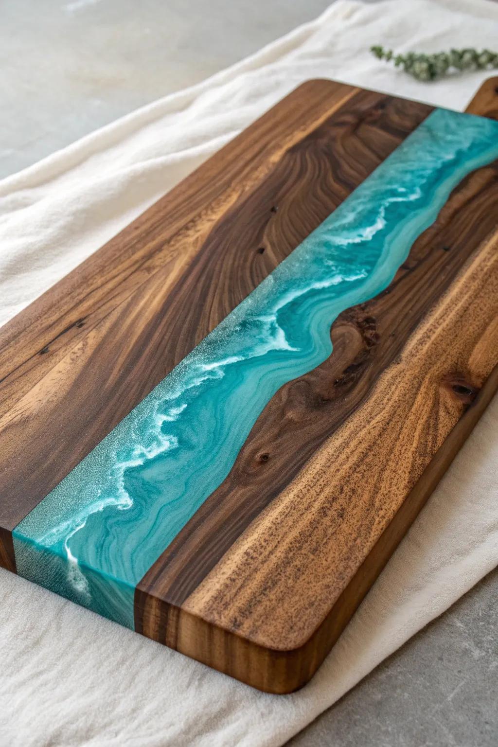 Transform your kitchen with the artful beauty of a resin river cutting board.
