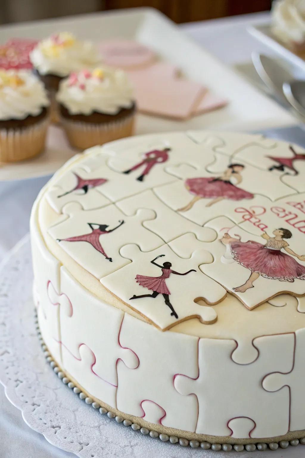 Interactive cake with edible ballerina puzzle pieces.