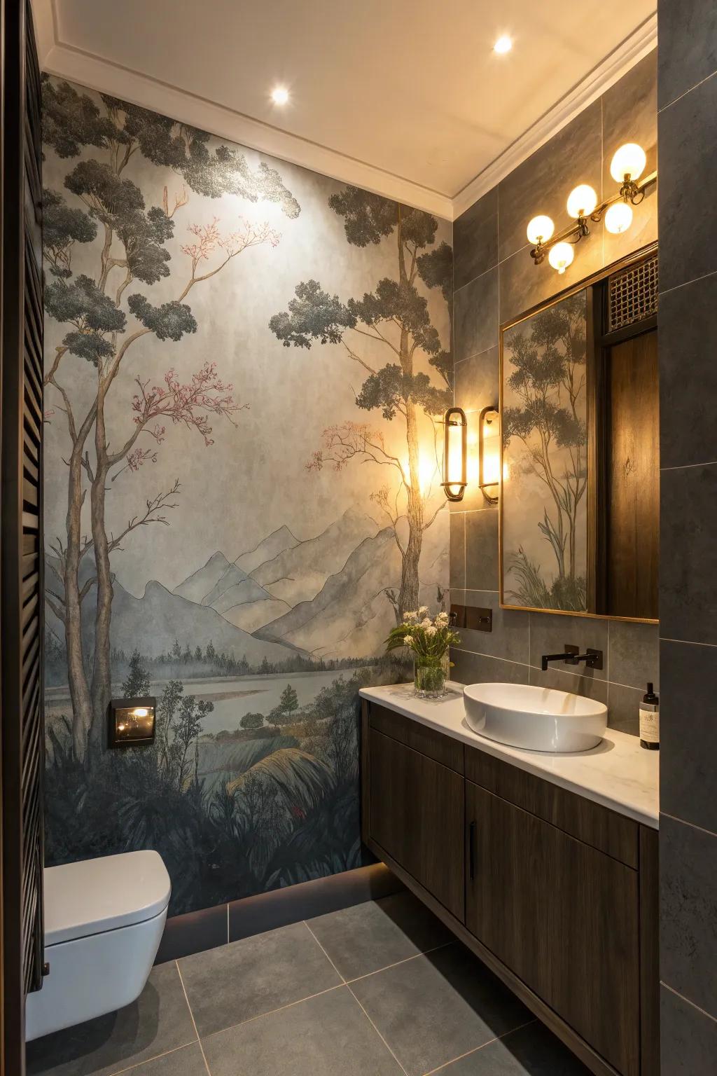 Watercolor-inspired wallpaper creates a soft, dreamy bathroom atmosphere.