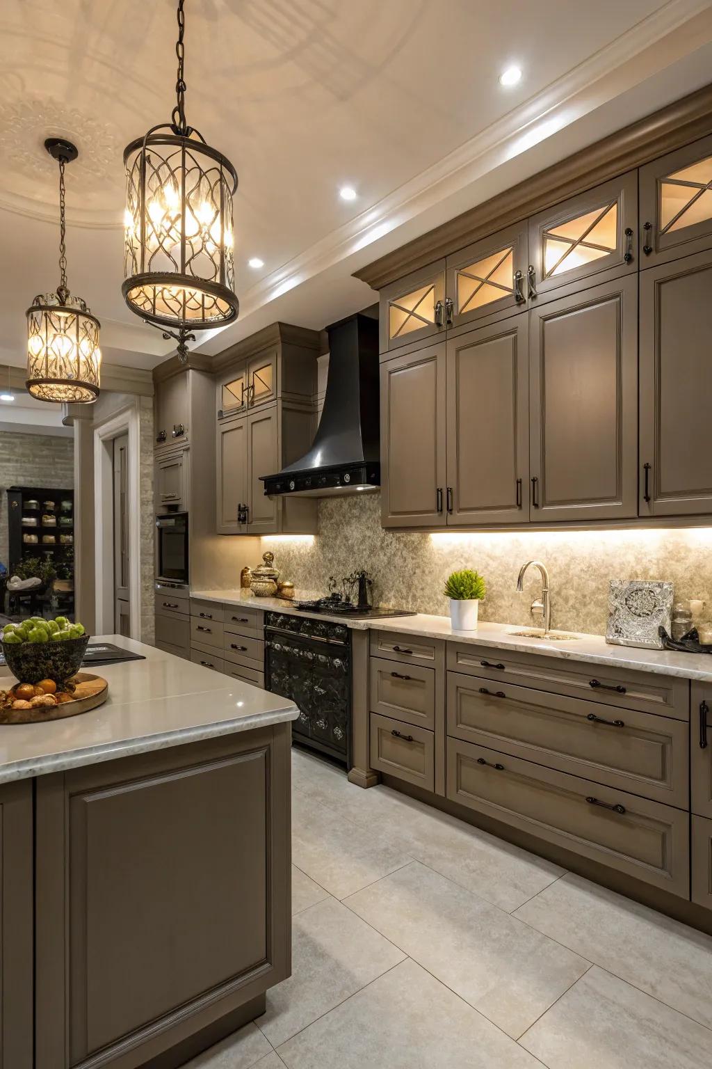 Contemporary lighting enhances the beauty of beige cabinetry.