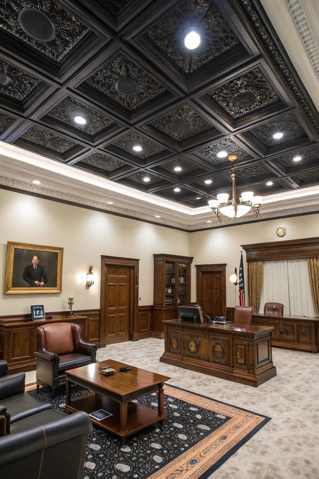 A formal room featuring a coffered black ceiling that adds depth and elegance.