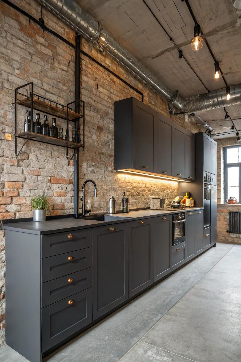 Embrace industrial style with dark gray cabinets and metal accents.