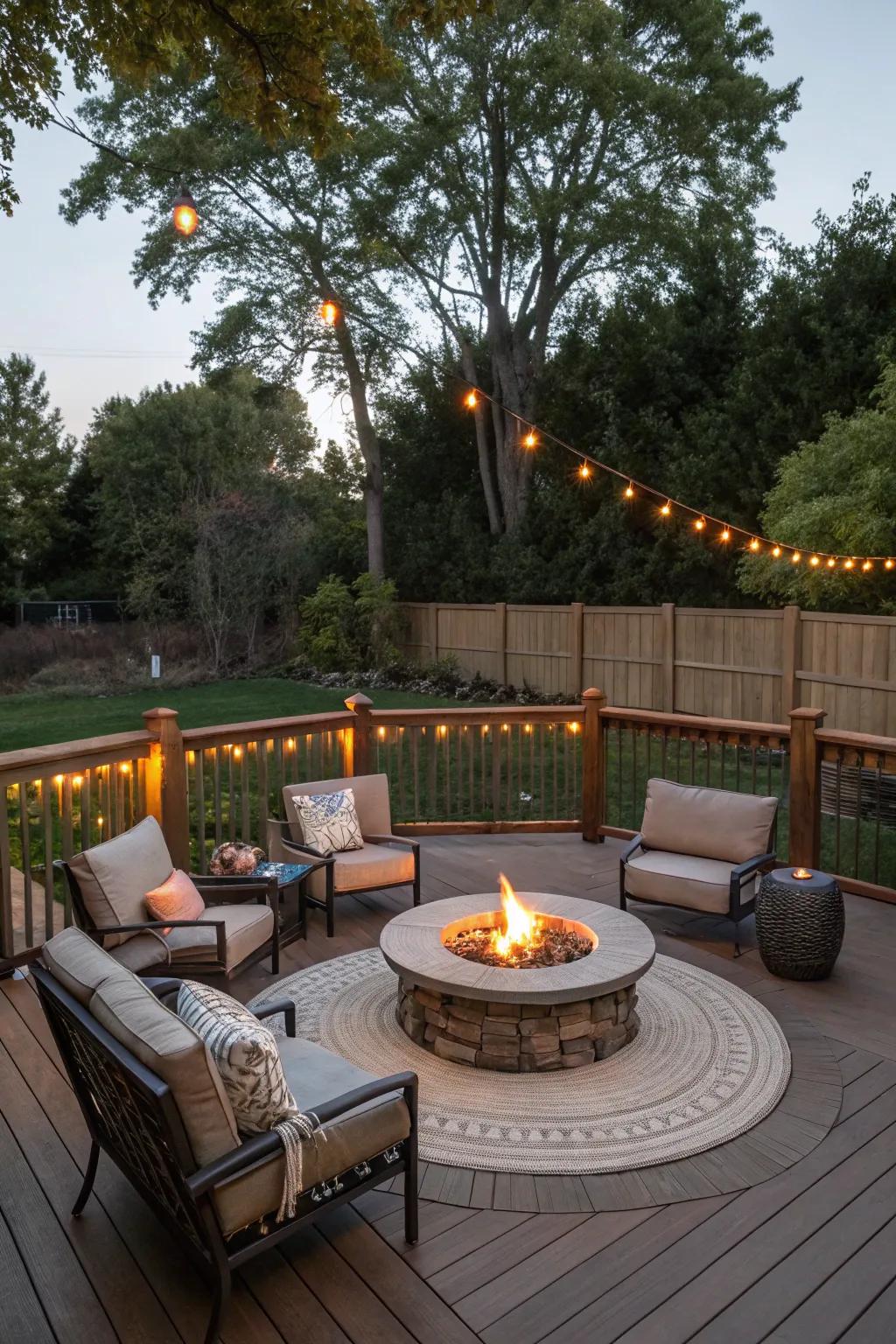 A fire pit centerpiece makes decks inviting and cozy.