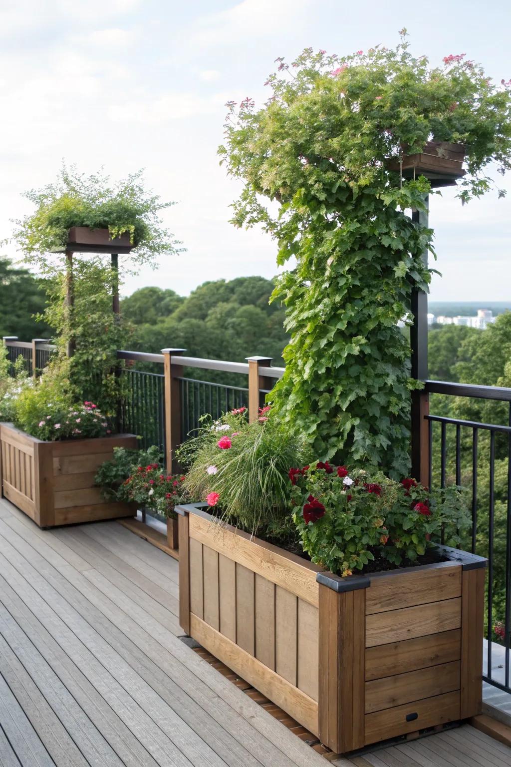 Elevated planters add height and greenery, providing privacy on this deck.