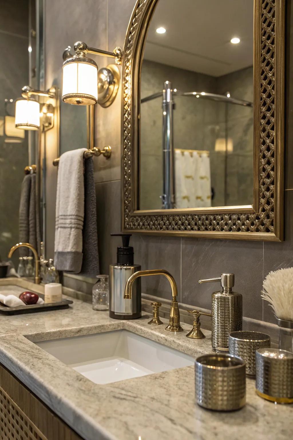 Metallic touches add sophistication to this elegant bathroom.