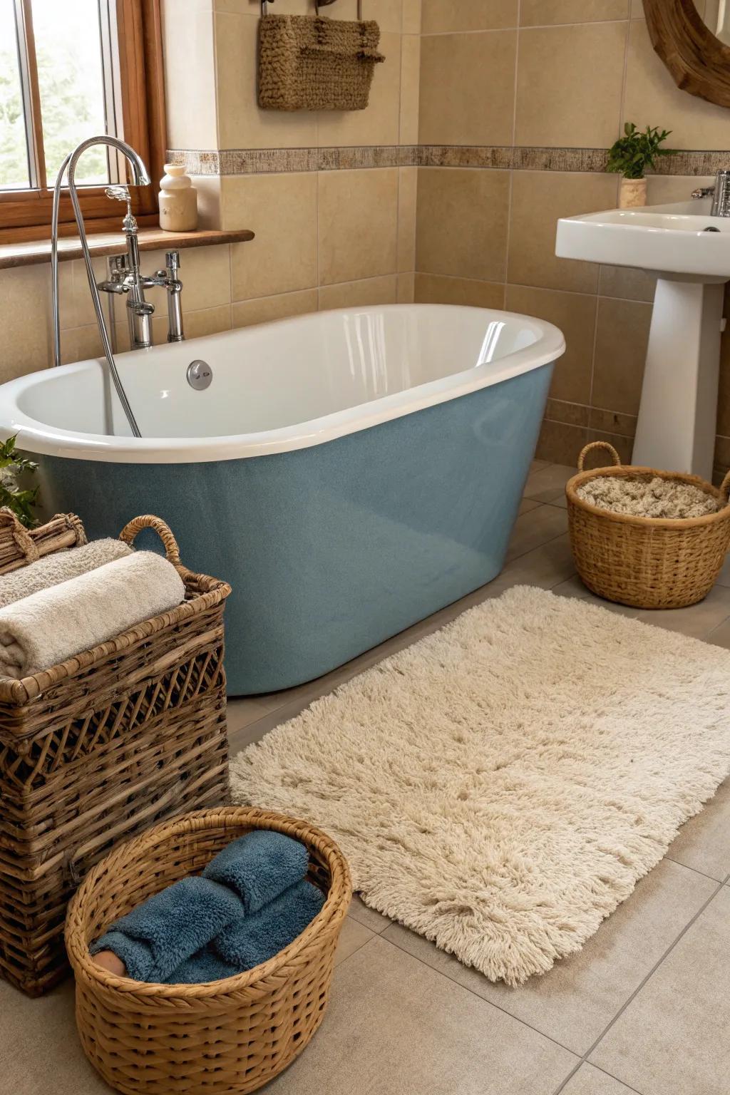 Textured elements add depth and coziness to a bathroom with a blue bathtub.