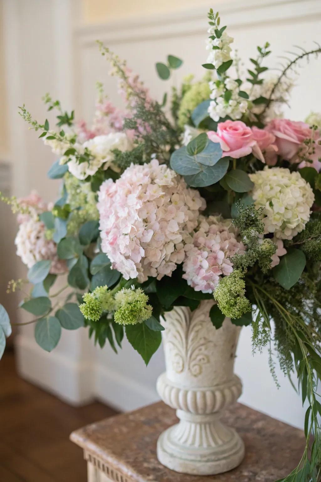 Hydrangeas paired with greenery create a lush arrangement.