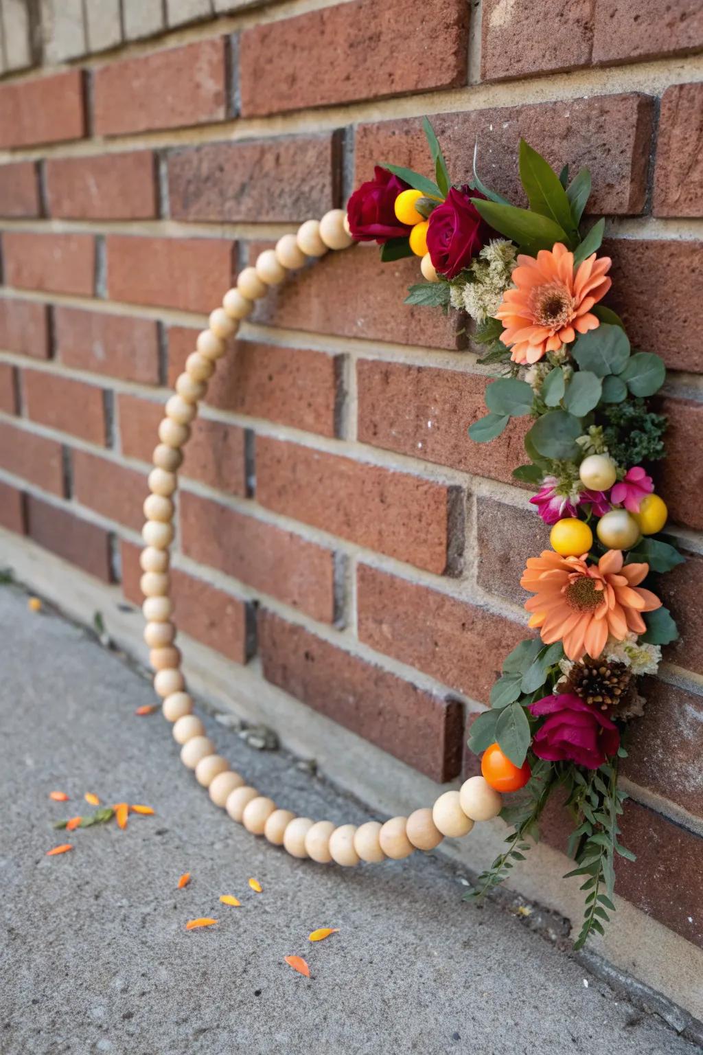 Rustic charm with a wooden bead and flower wreath.