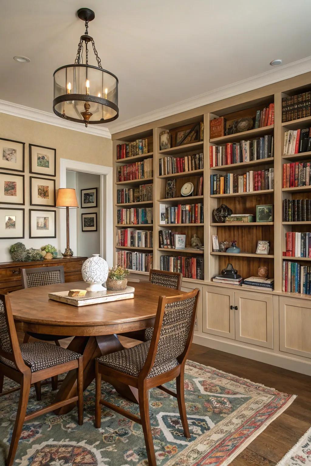 A library wall adds intellect and coziness to the dining room.