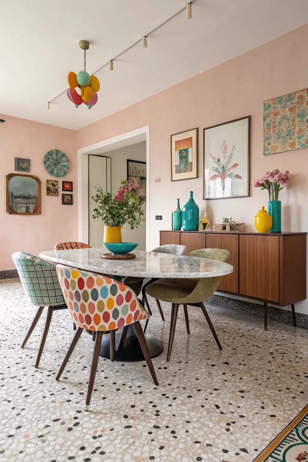 Terrazzo flooring brings a vintage feel to dining spaces.