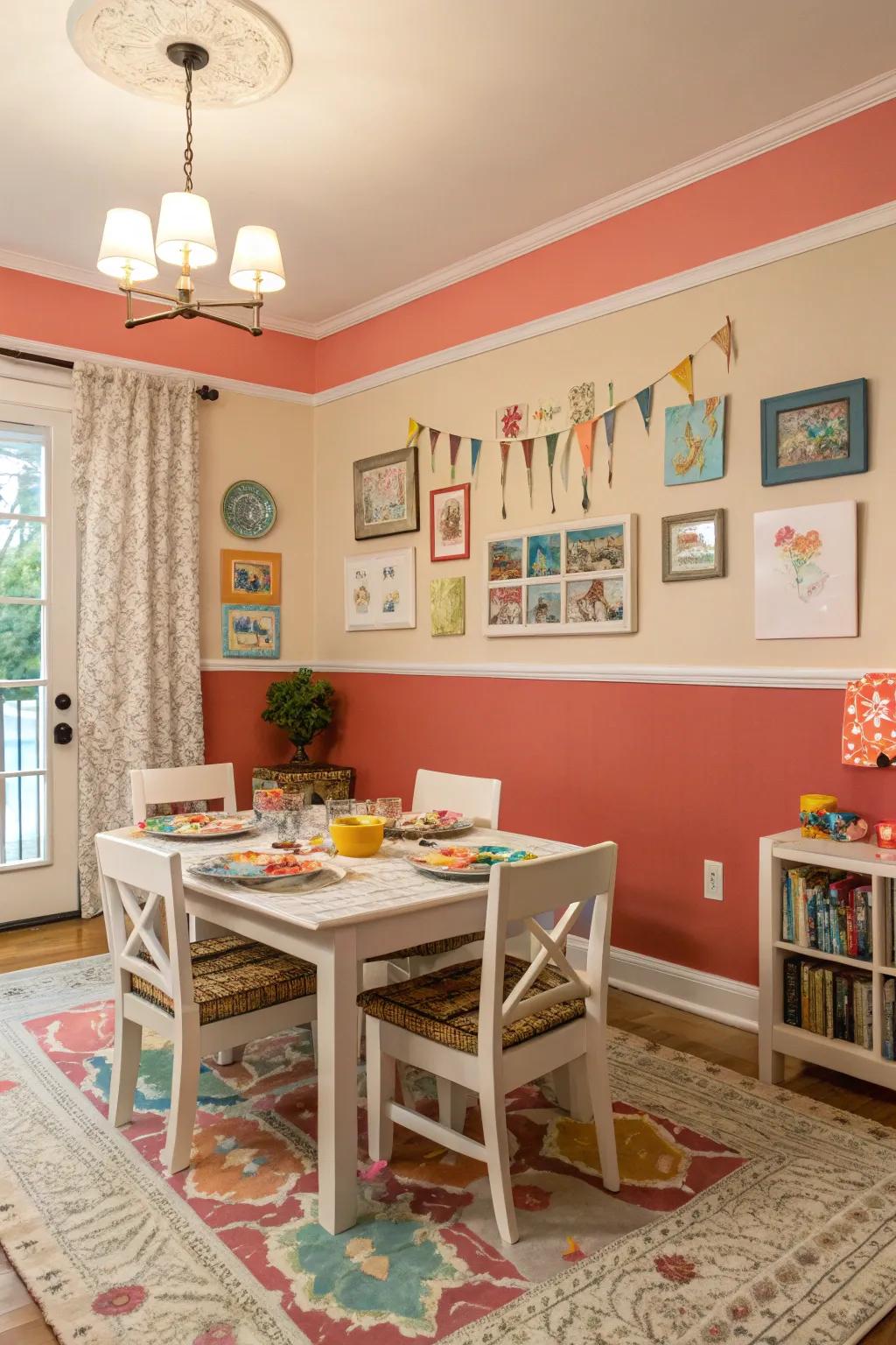 A vibrant dining room with coral and neutral beige hues.