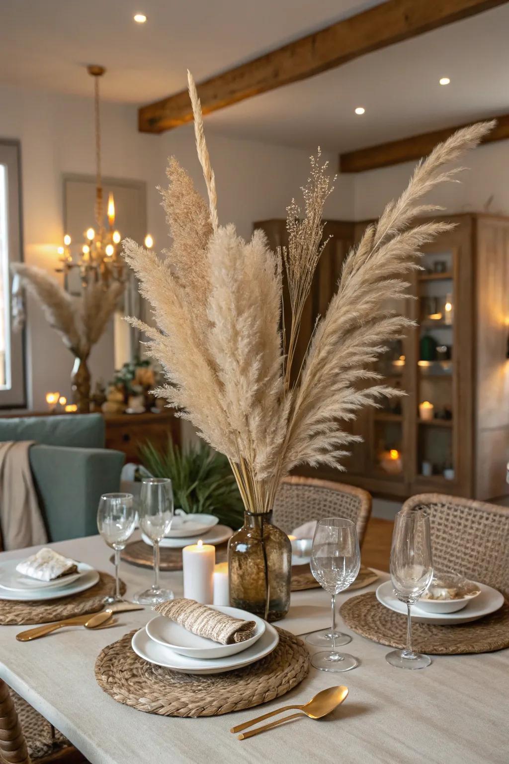 Pampas grass adds a boho vibe and height.