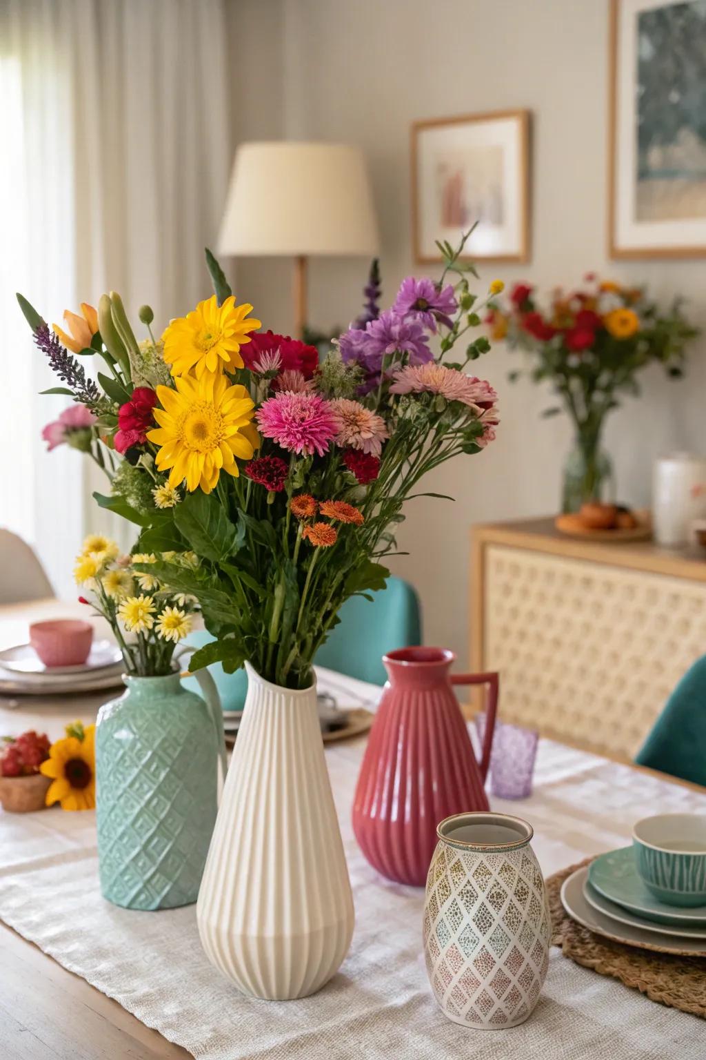 An eclectic centerpiece featuring a collection of vases of different shapes and colors filled with flowers.