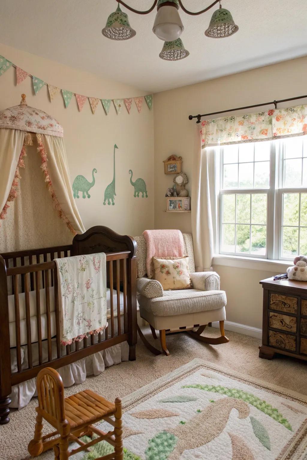 Vintage charm meets playful dinosaurs in this unique nursery.