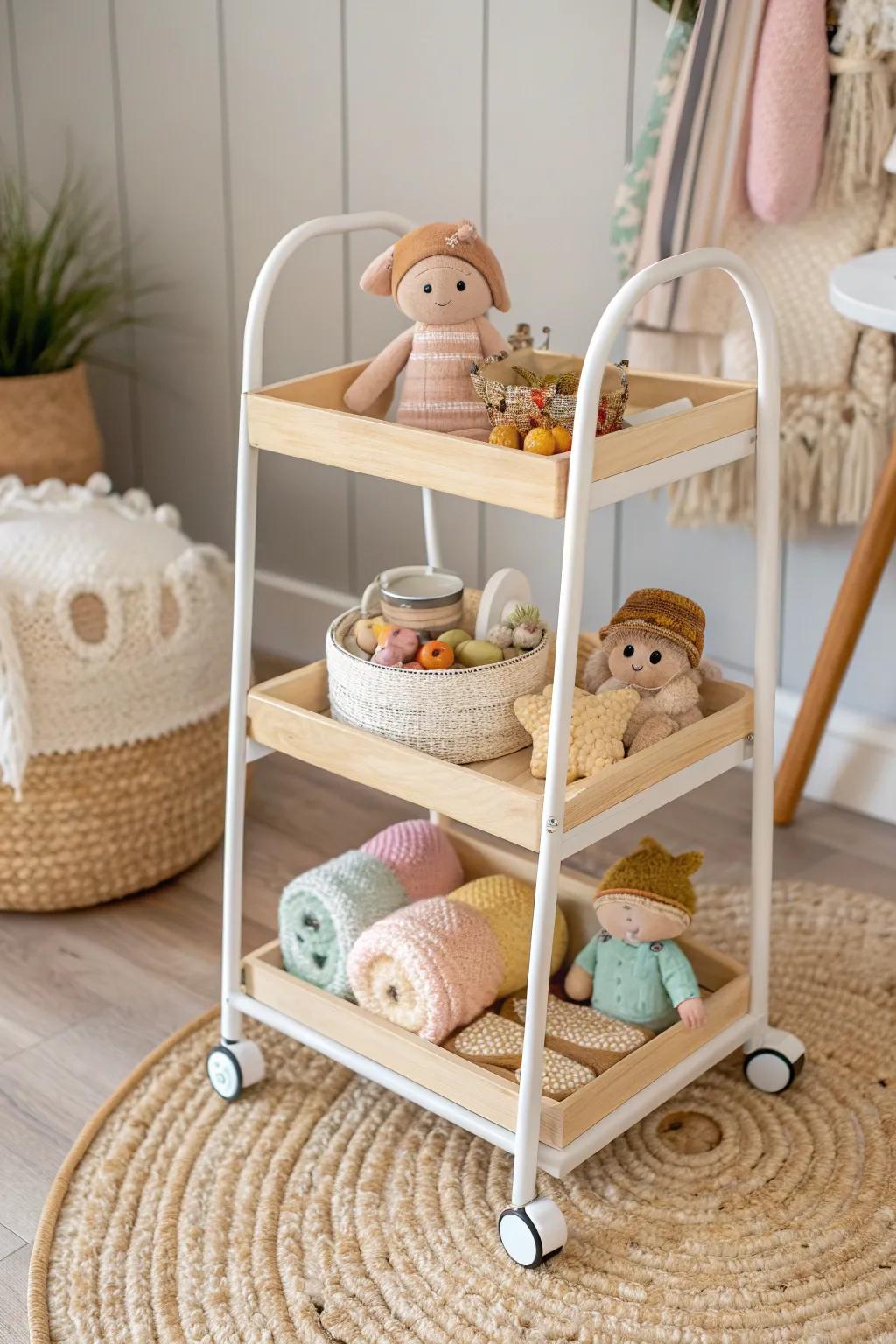 Effortlessly stylish and practical, this rolling cart transforms doll storage into a charming display.
