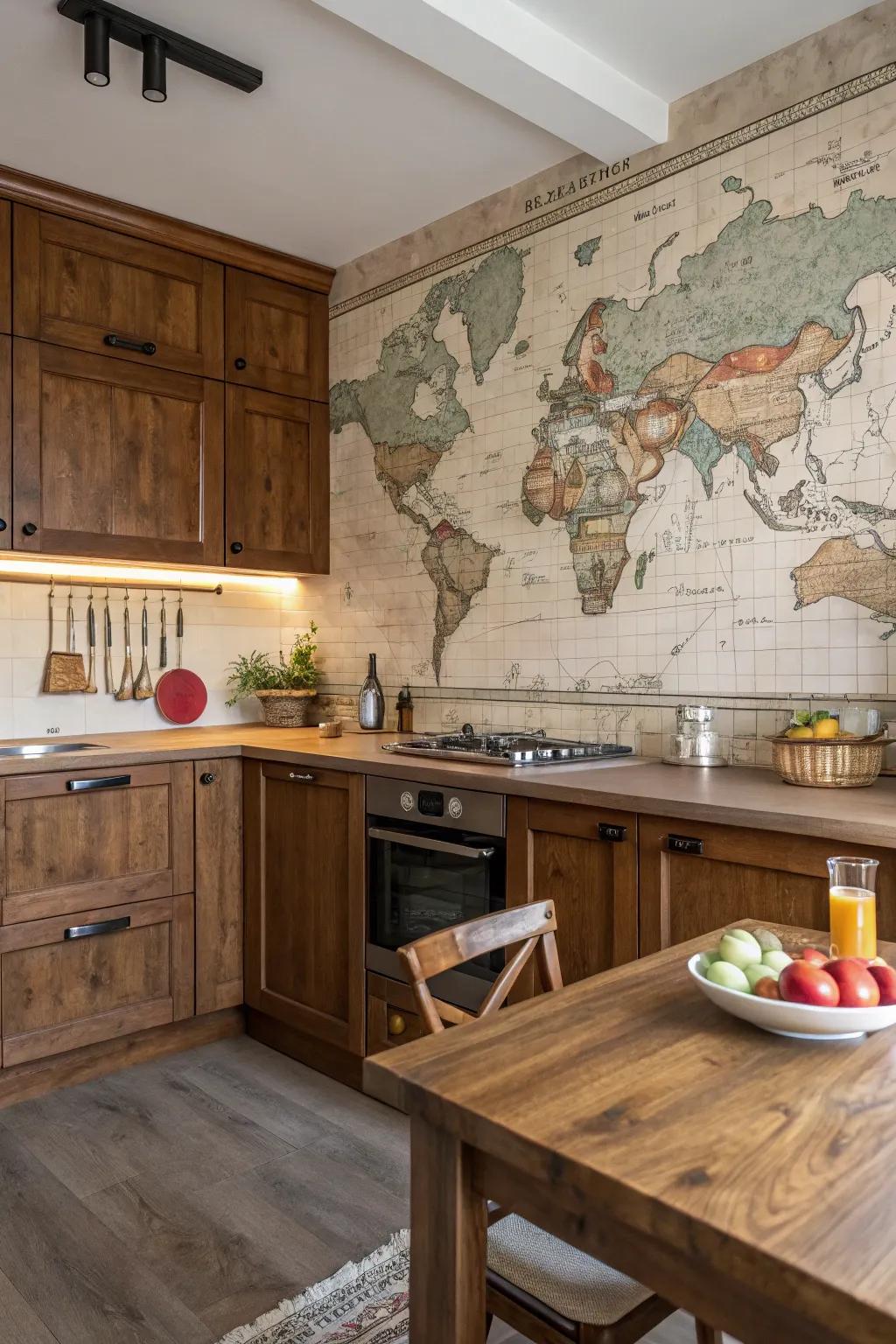 Vintage maps offer a travel-inspired backsplash design.