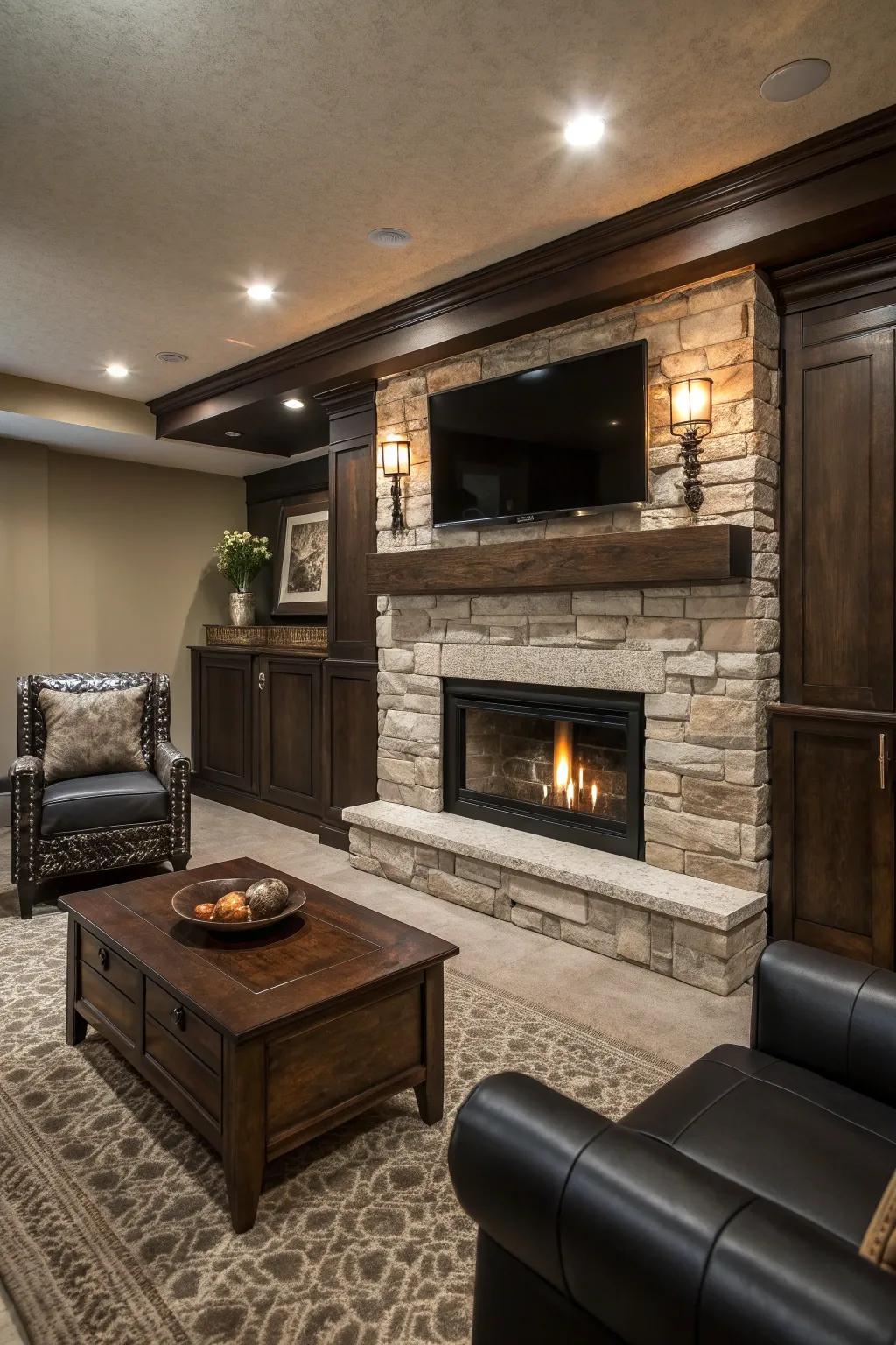Transform your basement into a cozy retreat with a stunning feature fireplace.