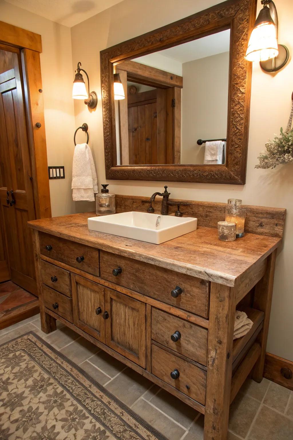 Reclaimed tables add character and sustainability to vanities.