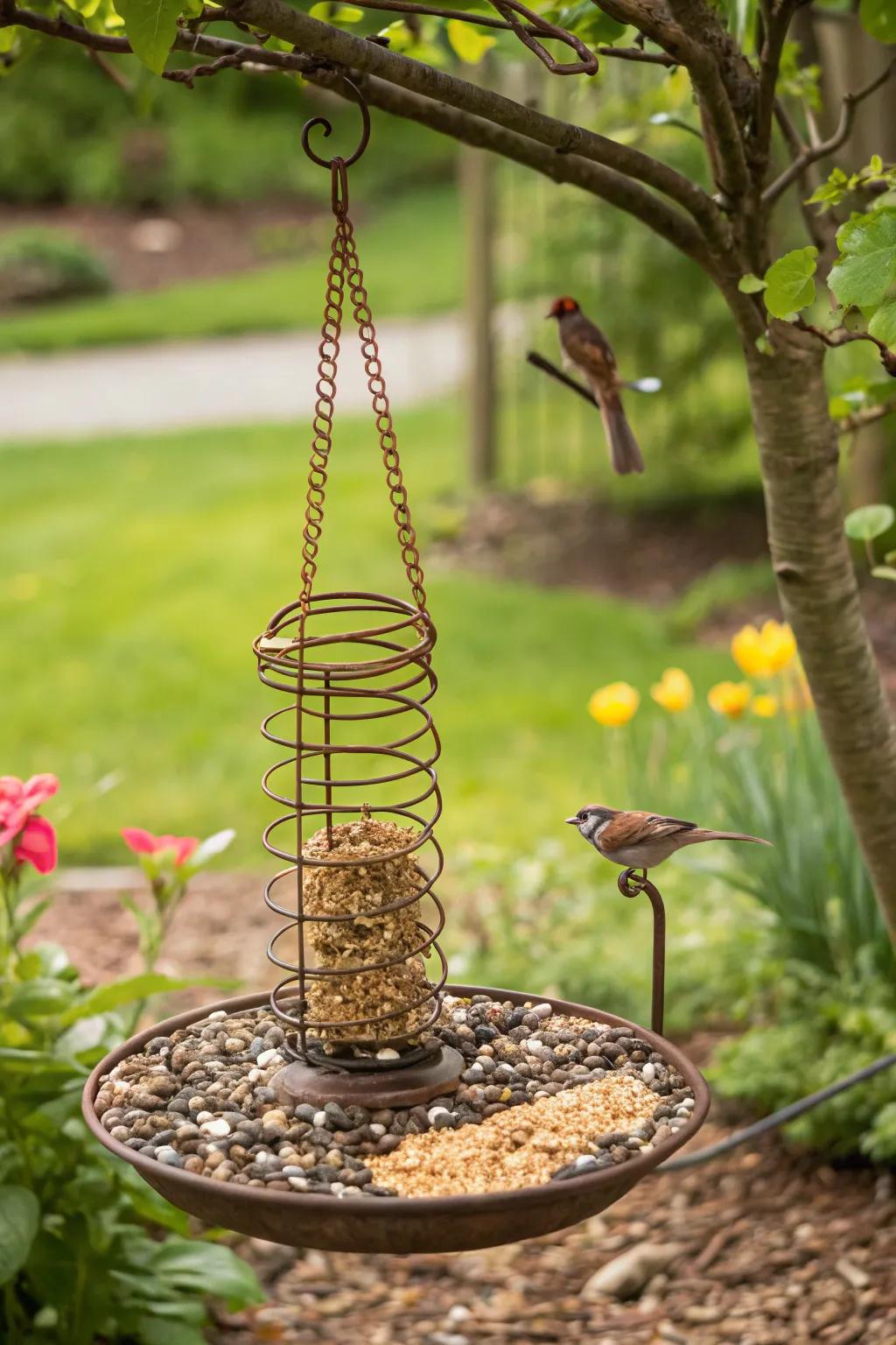 A delightful bird feeder made from a bed spring, perfect for attracting nature's friends.