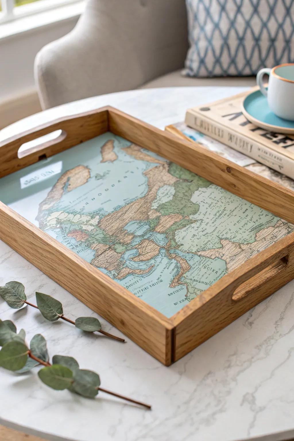 Embark on a journey from your living room with this vintage map tray. Perfect for dreamers and adventurers at heart.