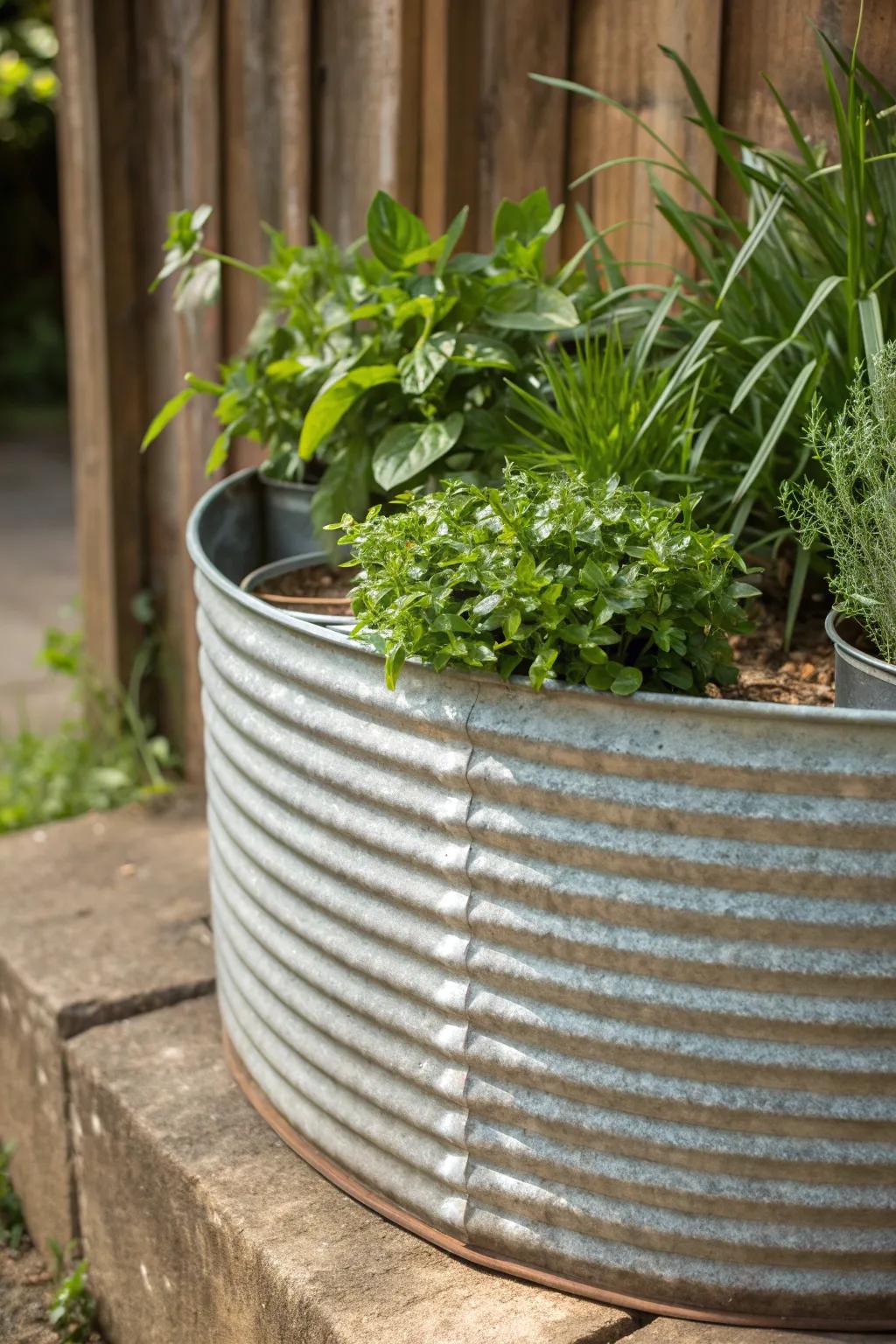 Elevate your garden design with this handcrafted corrugated metal round planter - a perfect blend of industrial style and organic beauty.
