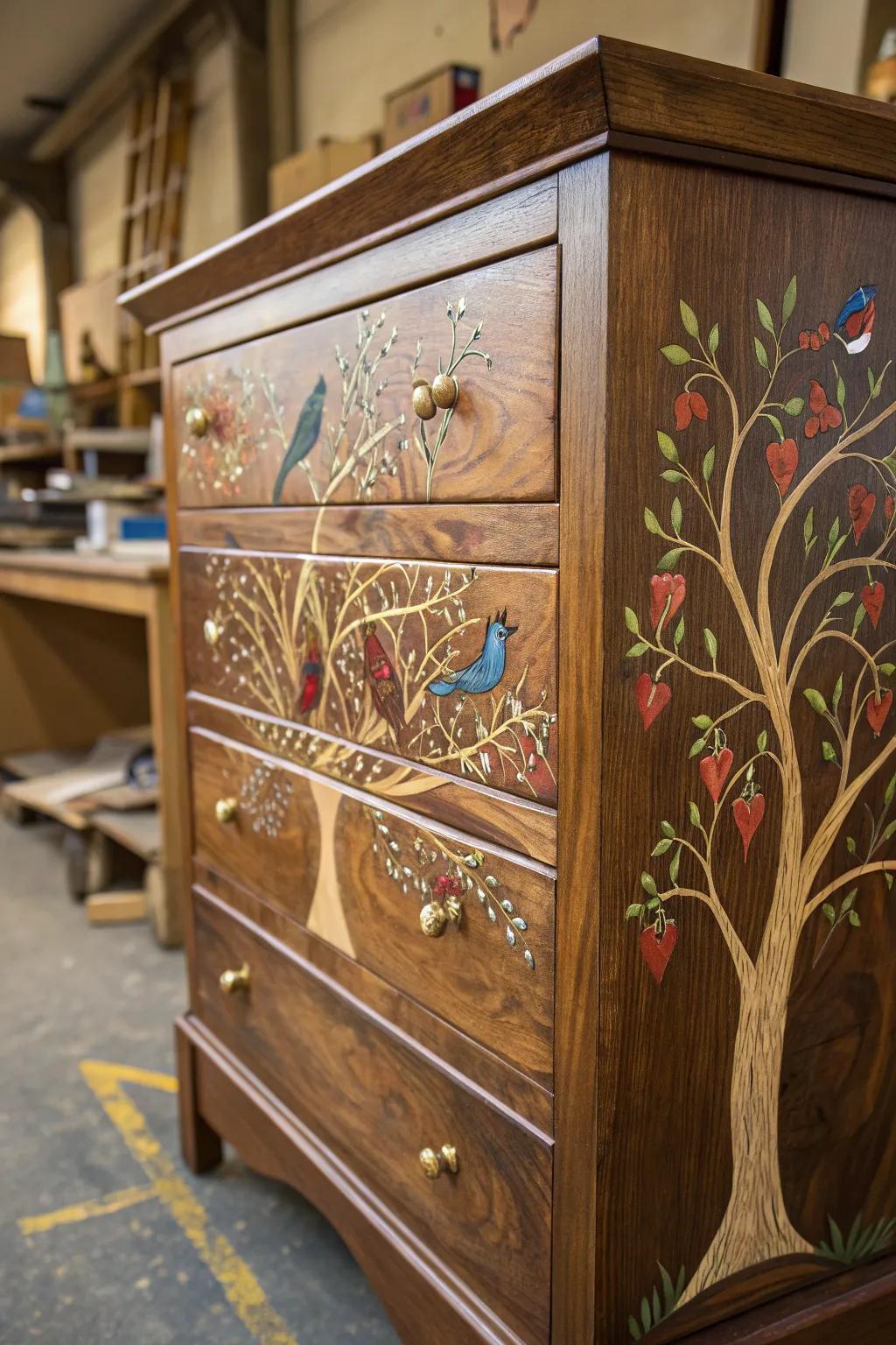 Add a personal touch to your space with a hand-painted, whimsical dresser design.