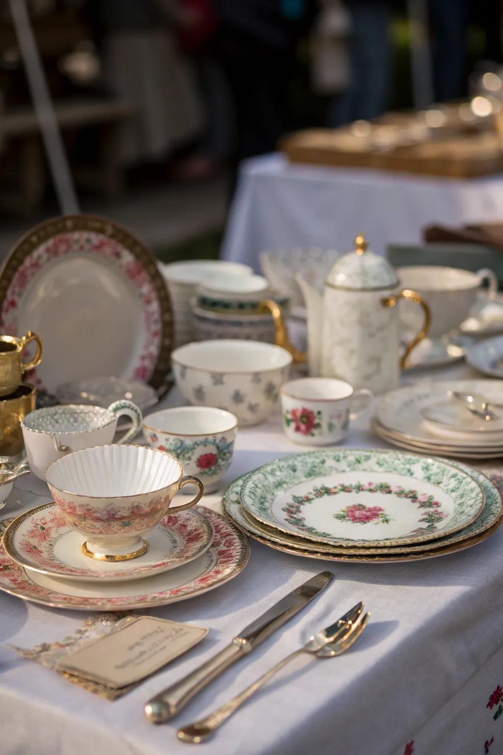 A vintage tableware display that adds elegance and nostalgia.