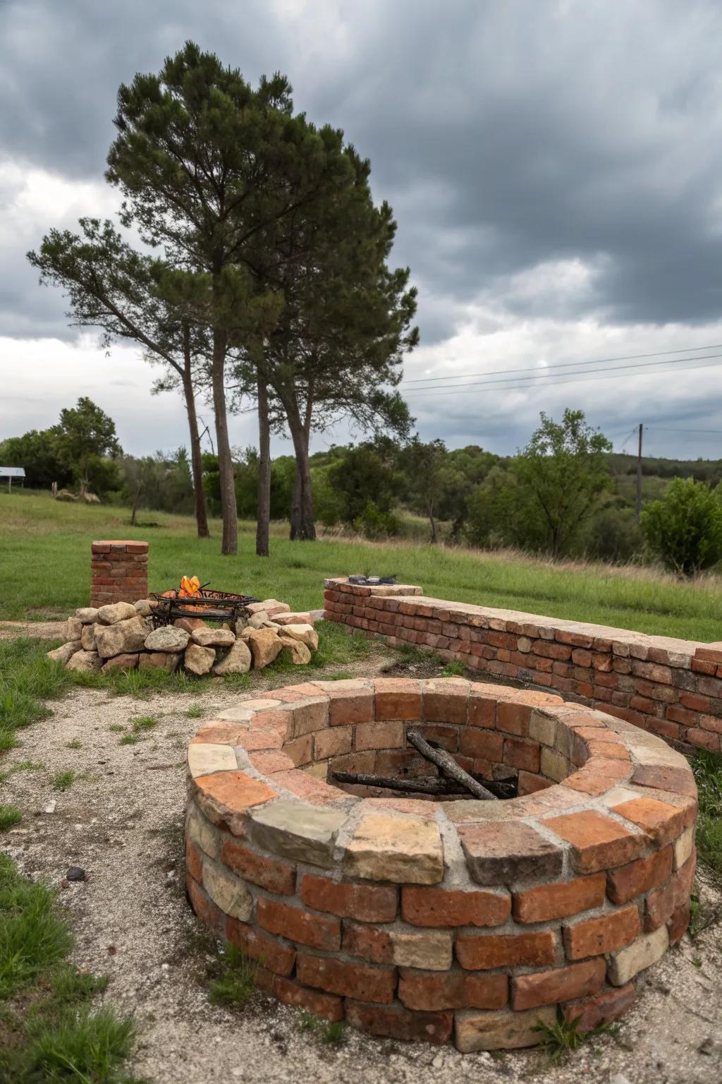 An asymmetrical brick fire pit adds dimension and function.