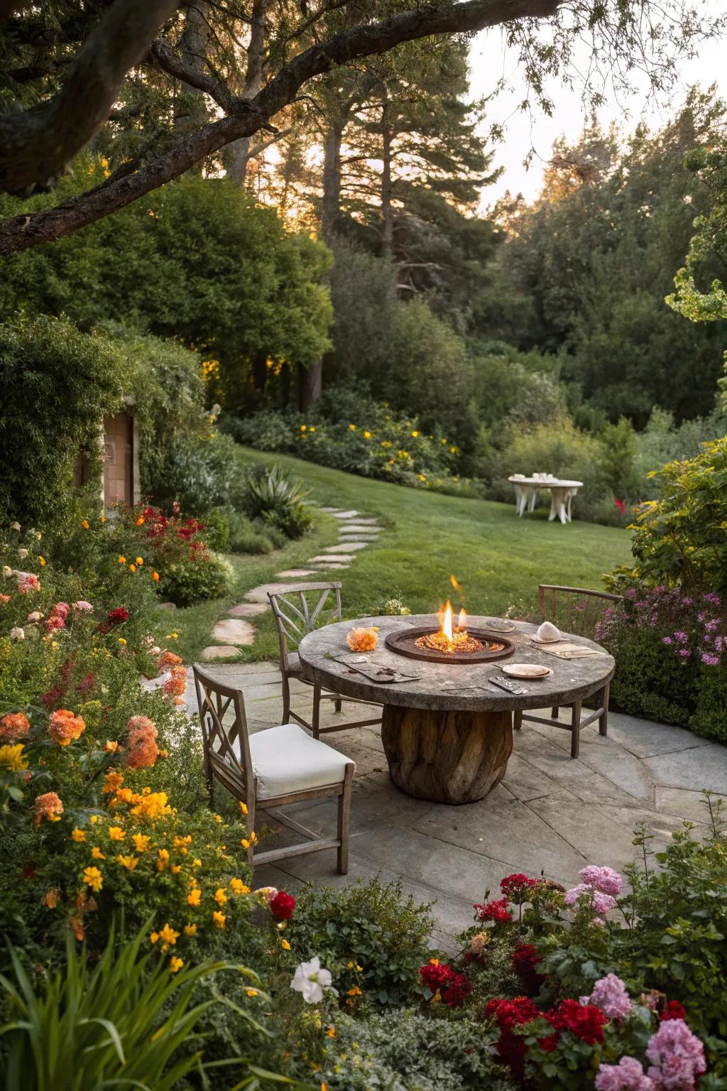 Combine dining and warmth with a garden table fire pit.