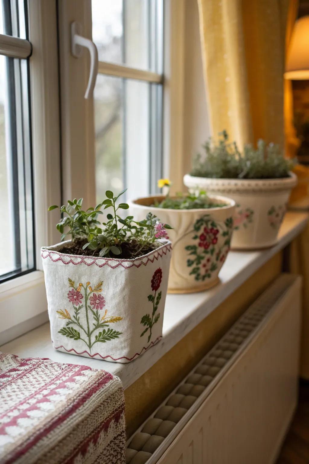 Embroidered planters bring a personal and artistic touch to your home decor.