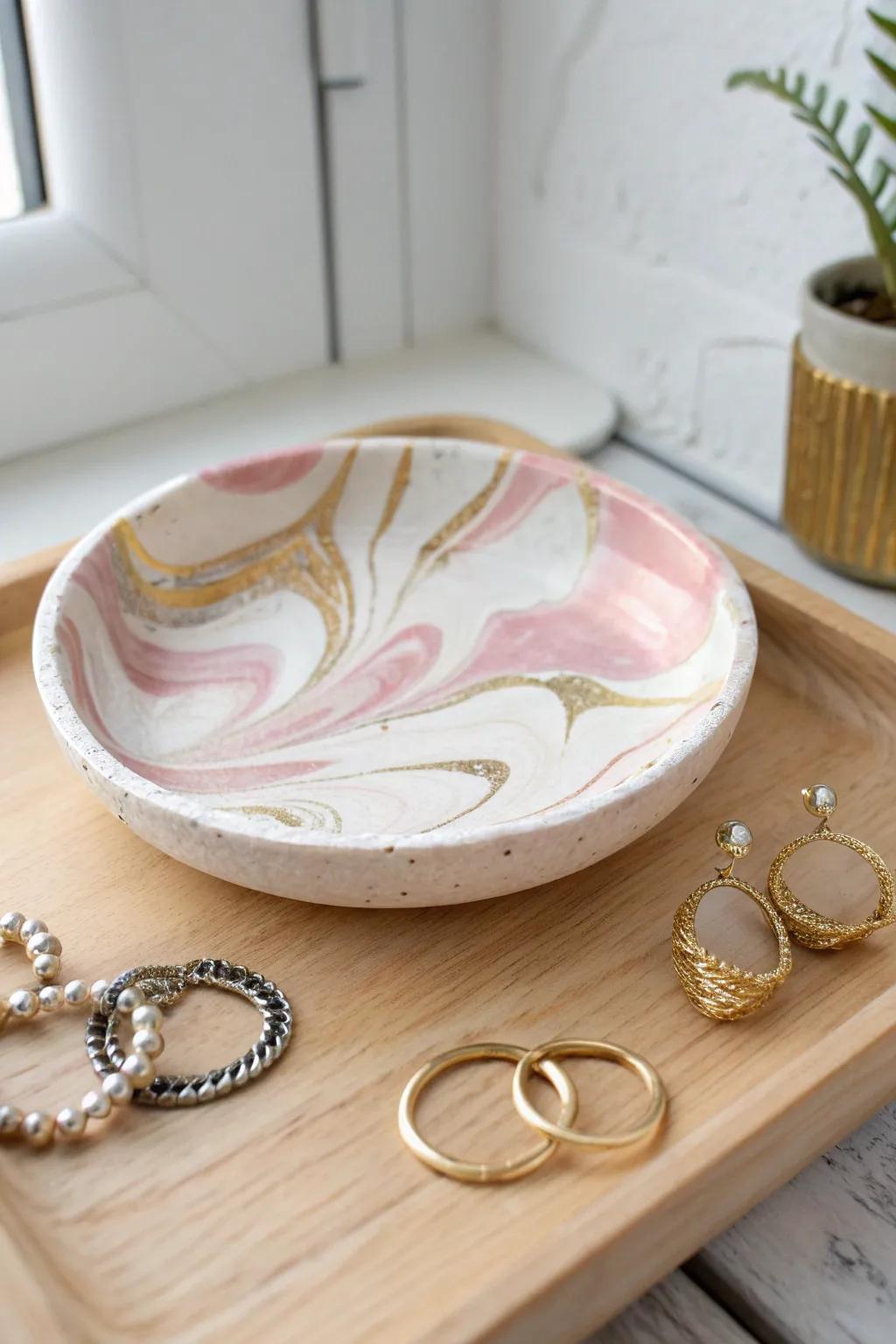 Crafted with love: A stunning marbled jewelry dish to hold your treasured pieces.