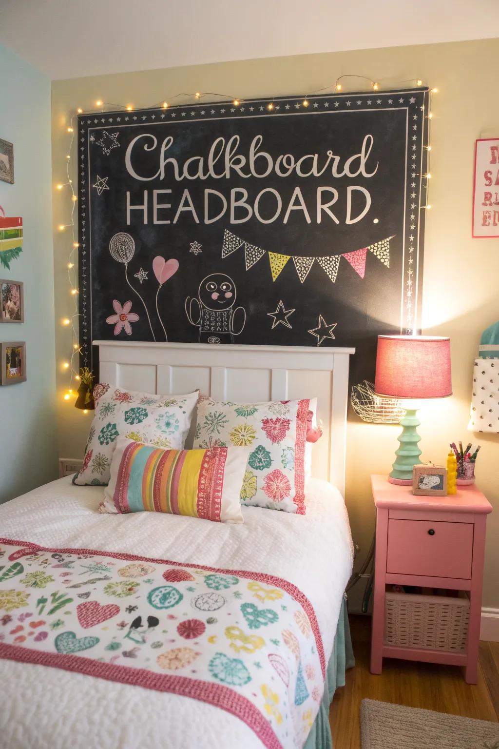 A chalkboard headboard invites creativity and interaction.