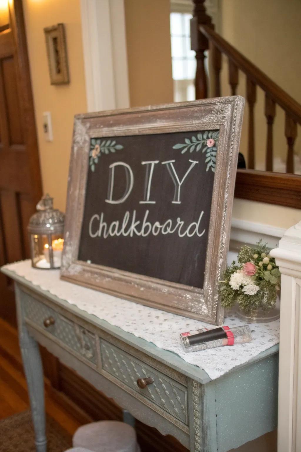 A DIY chalkboard sign greets guests with a welcoming message.