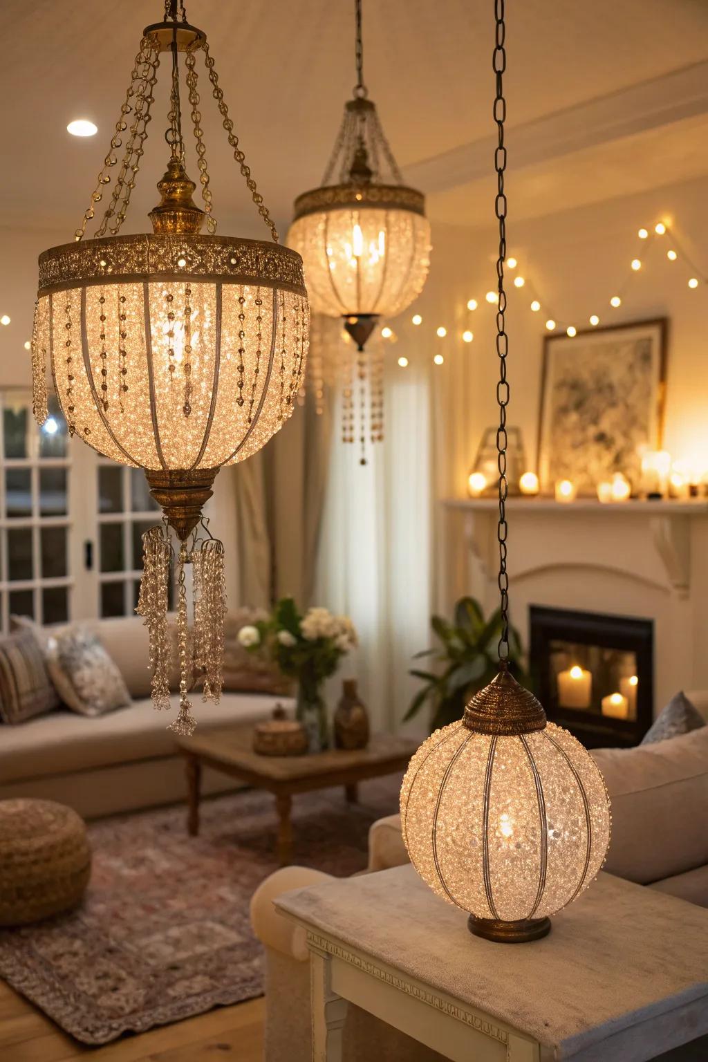 Beaded lanterns add a touch of glamour and sparkle to any room.