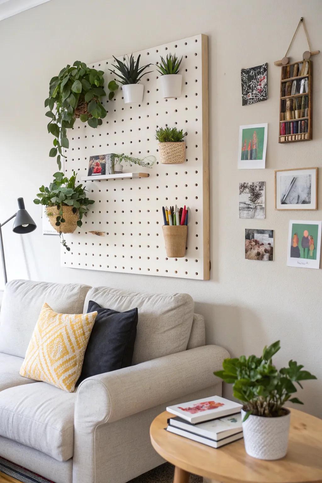 Transform your living space with a chic pegboard display, where art meets nature in Scandinavian style!