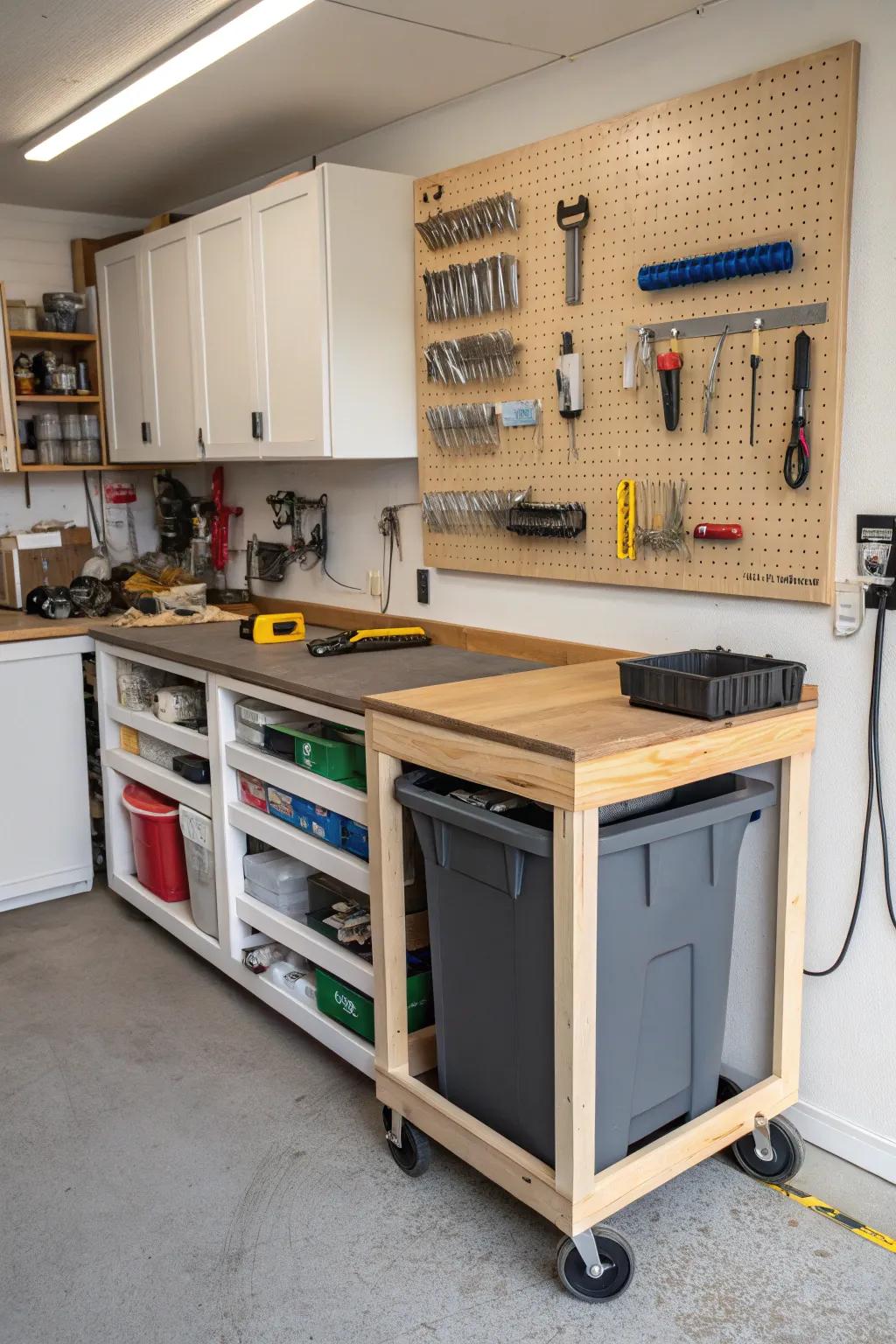 Maintain a clean workspace with a built-in trash bin on this workbench.