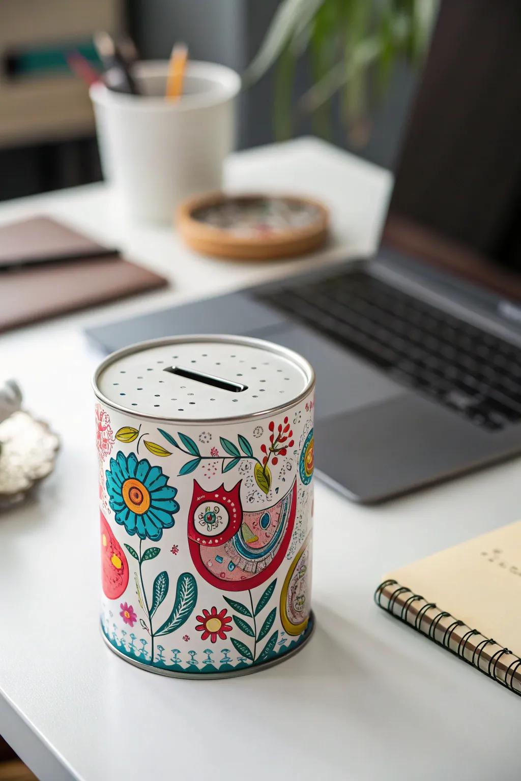 Cute recycled tin piggy bank.